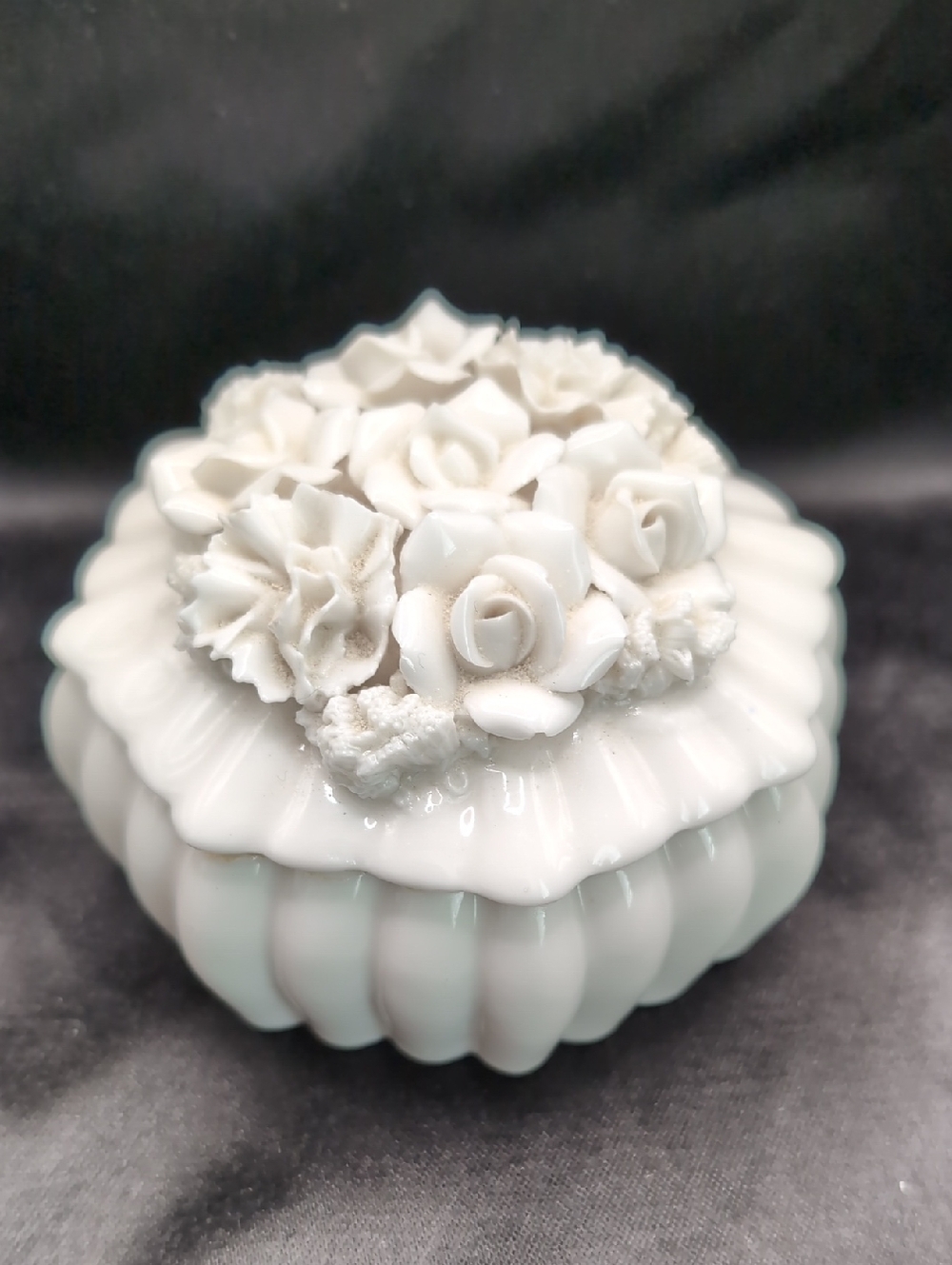Vintage White Porcelain Covered Ribbed Trinket Dish w/ Applied Flowers on Lid